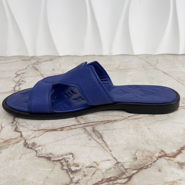 LV Oasis Mule Sandals Flip Flop Logo Embossed Monogram Blue Grained Leather