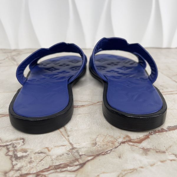 LV Oasis Mule Sandals Flip Flop Logo Embossed Monogram Blue Grained Leather