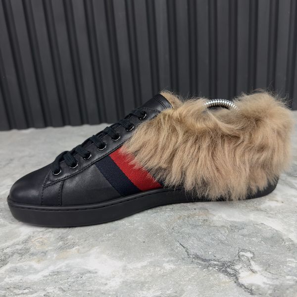 Ace Web Bee Embroidered Sneaker Black Fur Leather
