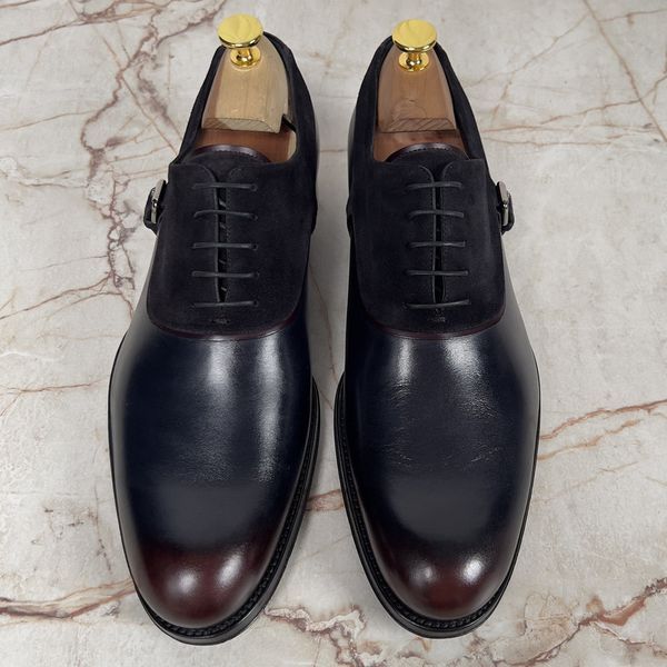 Oxfords Dress Shoes Strap Blue Brown Leather