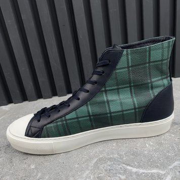 Tattoo Sneakers Logo Tartan Pattern Canvas Blue Navy Leather