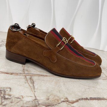 Horsebit Interlocking G Web Loafers Brown Suede Collapsible Heel