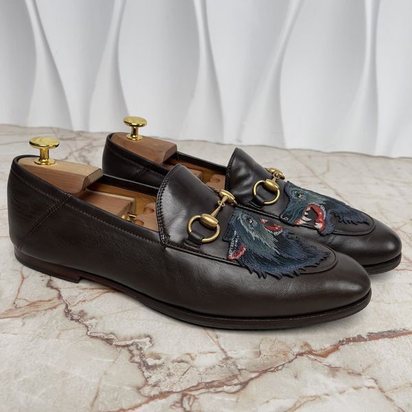 Brixton Horsebit Wolf Applique Loafers Brown Leather