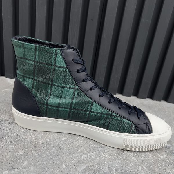 Tattoo Sneakers Logo Tartan Pattern Canvas Blue Navy Leather