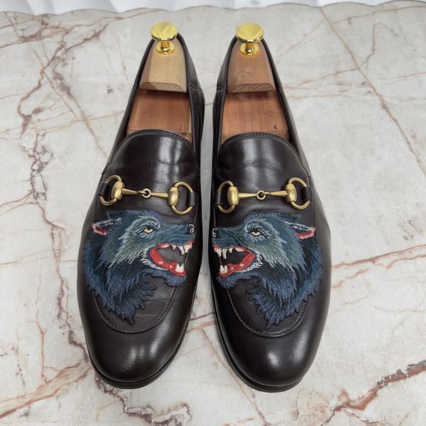 Brixton Horsebit Wolf Applique Loafers Brown Leather
