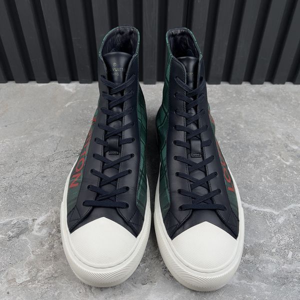 Tattoo Sneakers Logo Tartan Pattern Canvas Blue Navy Leather