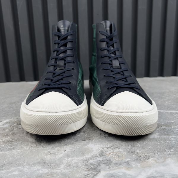 Tattoo Sneakers Logo Tartan Pattern Canvas Blue Navy Leather