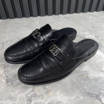 Major Open Back Loafers Mules Black Glazed Leather