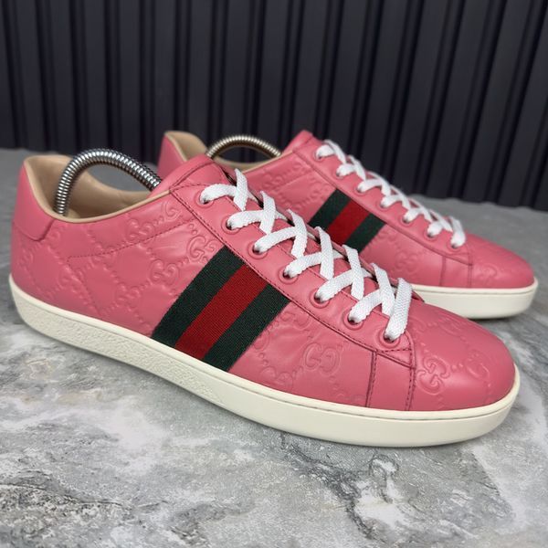 Gucci Ace Web GG Monogram Low Top Sneakers Pink Leather 2532 фото