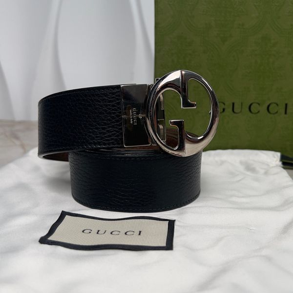 Interlocking G Black Leather Reversible Dress Belt Buckle