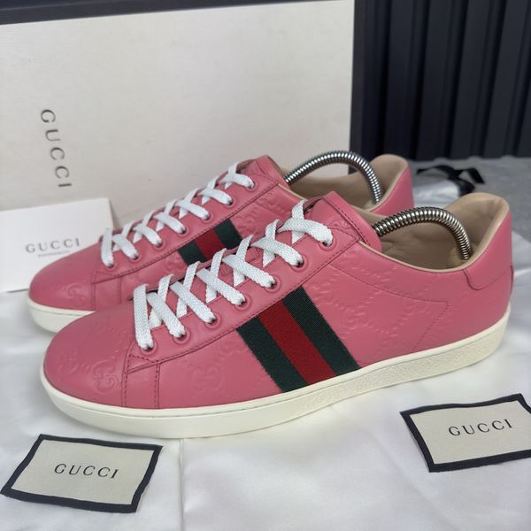 Gucci Ace Web GG Monogram Low Top Sneakers Pink Leather 2532 фото