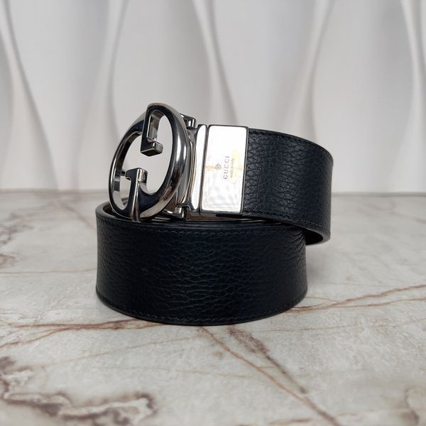 Interlocking G Black Leather Reversible Dress Belt Buckle