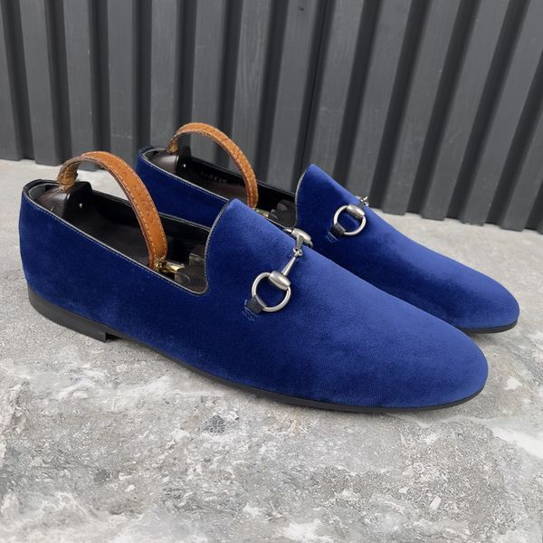Jordaan Horsebit Loafers Blue Velour Velvet Fabric