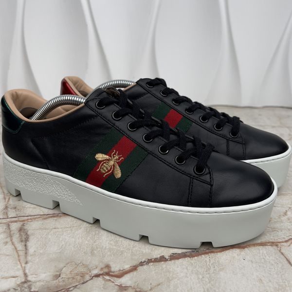 Ace Sneaker Web Bee Embroidered Platform Black Leather