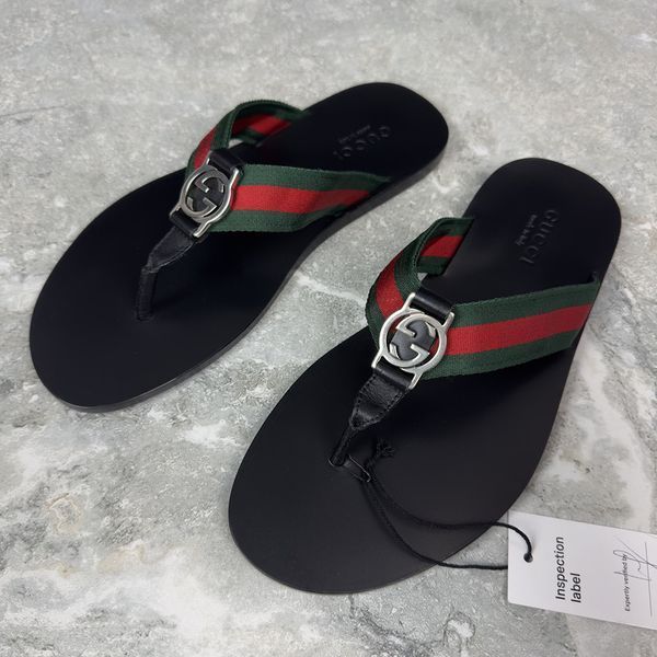 Web GG Buckle Thong Sandals Black Leather
