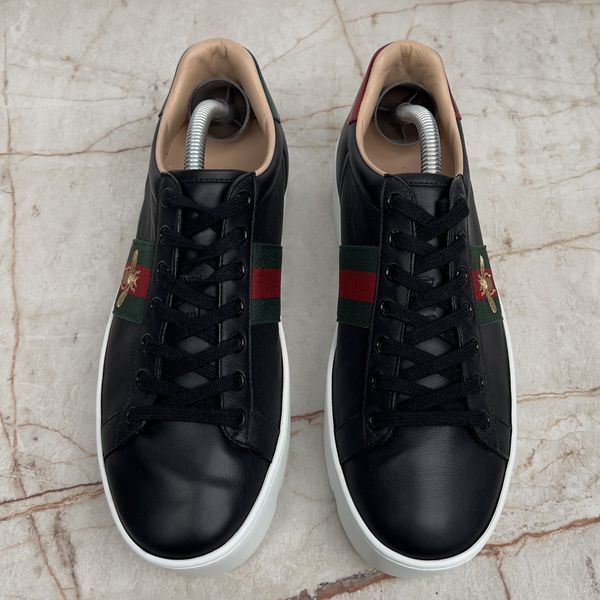 Ace Sneaker Web Bee Embroidered Platform Black Leather
