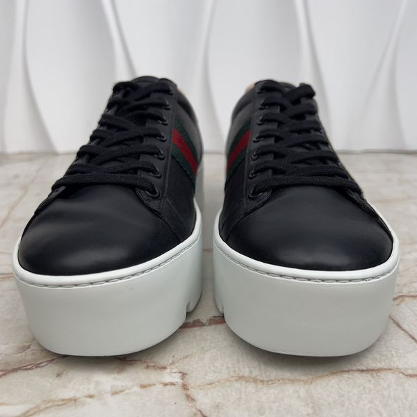 Ace Sneaker Web Bee Embroidered Platform Black Leather