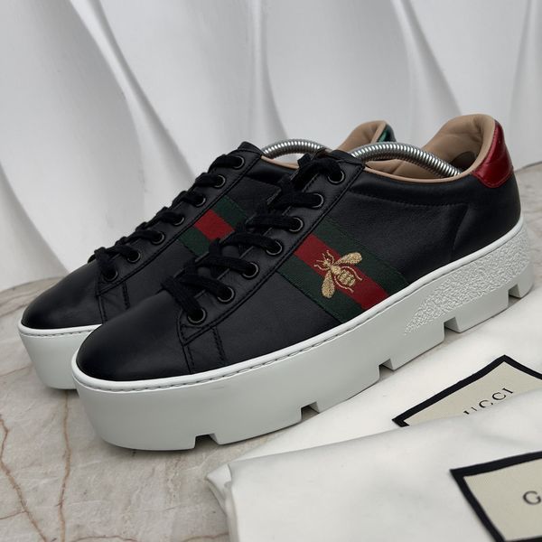 Ace Sneaker Web Bee Embroidered Platform Black Leather