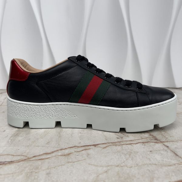 Ace Sneaker Web Bee Embroidered Platform Black Leather