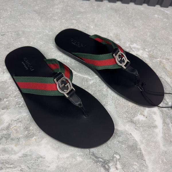 Web GG Buckle Thong Sandals Black Leather