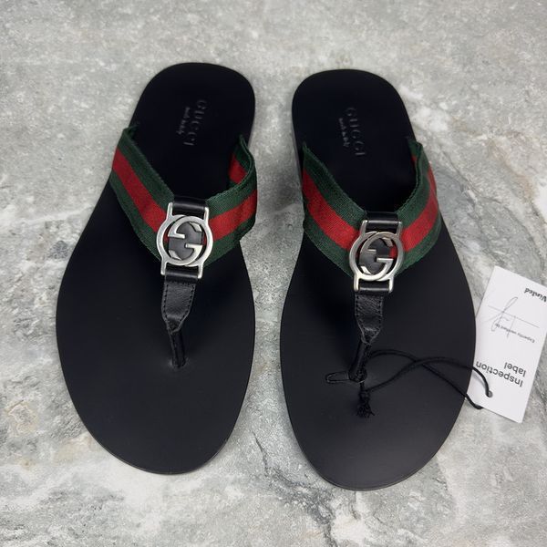 Web GG Buckle Thong Sandals Black Leather