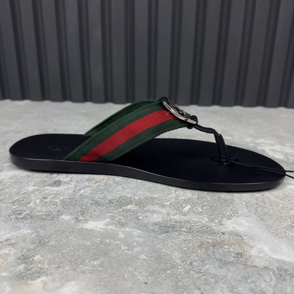Web GG Buckle Thong Sandals Black Leather