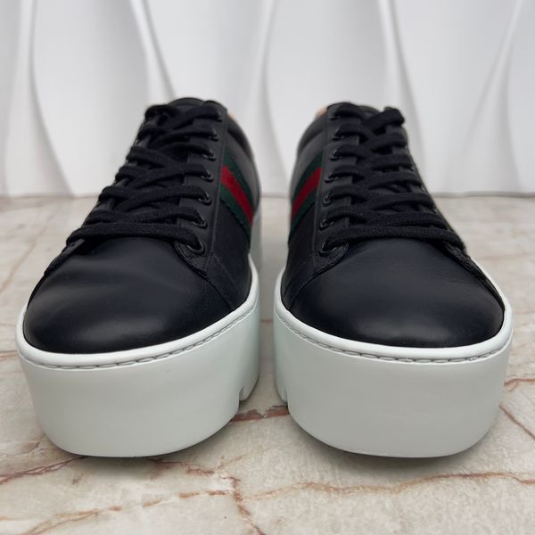 Ace Sneaker Web Bee Embroidered Platform Black Leather