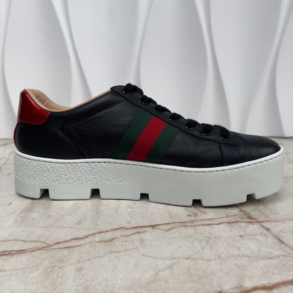 Ace Sneaker Web Bee Embroidered Platform Black Leather