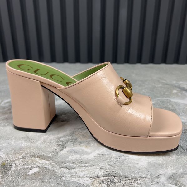 Houdan Horsebit Plaform Heel Mules Pink Leather