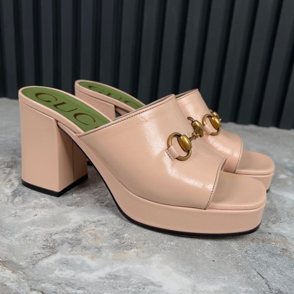 Houdan Horsebit Plaform Heel Mules Pink Leather