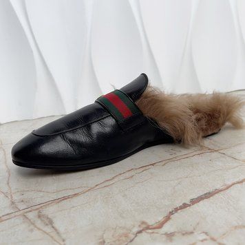 Donnie Web Double G Buckle Fur Mule Leather