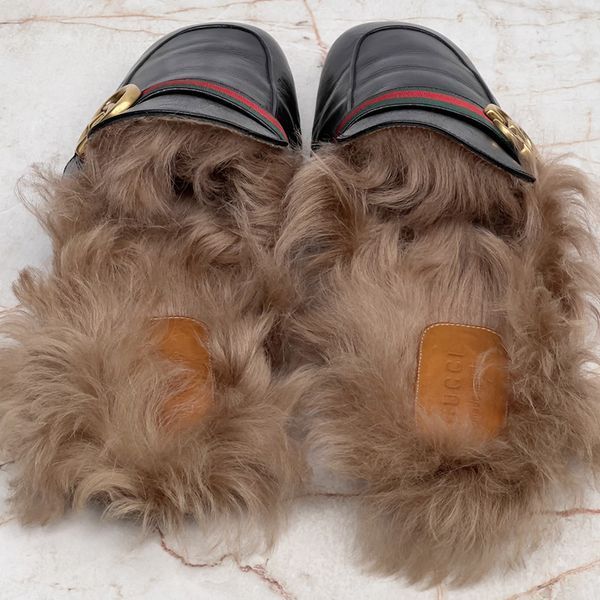 Donnie Web Double G Buckle Fur Mule Leather