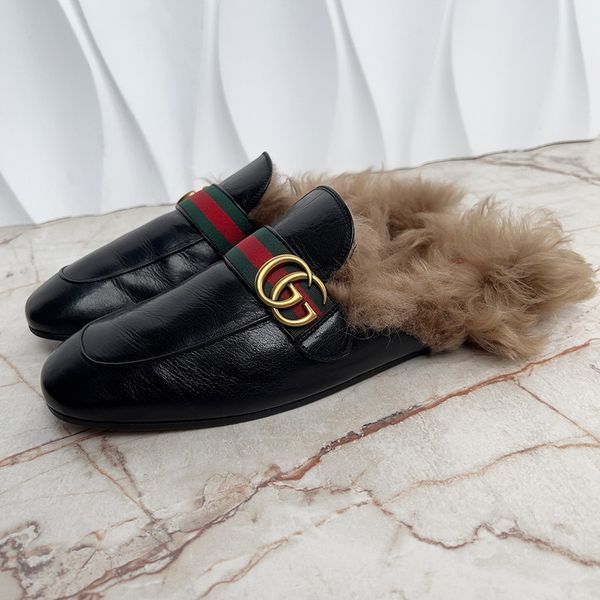 Donnie Web Double G Buckle Fur Mule Leather