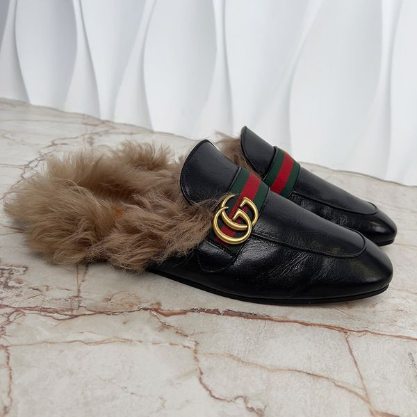 Donnie Web Double G Buckle Fur Mule Leather