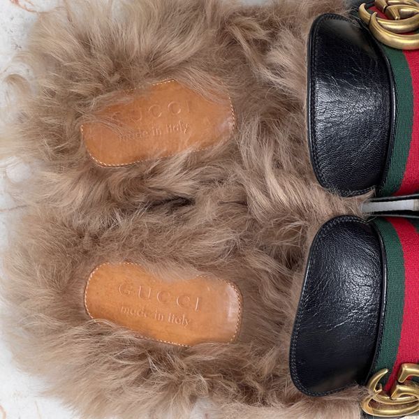 Donnie Web Double G Buckle Fur Mule Leather