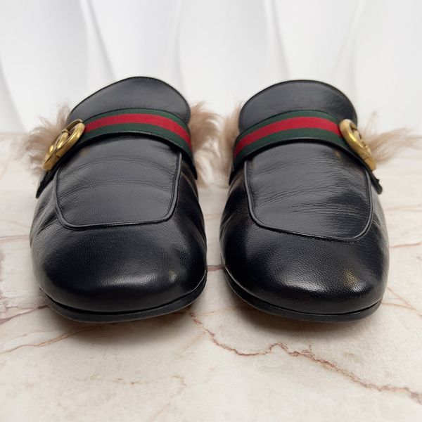 Donnie Web Double G Buckle Fur Mule Leather