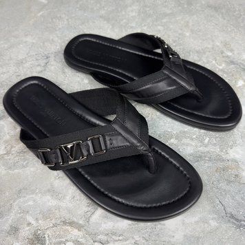 Thong Sandals Logo Black Leather