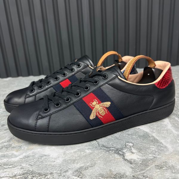 Ace Sneakers Web Bees Embroidered Black Leather