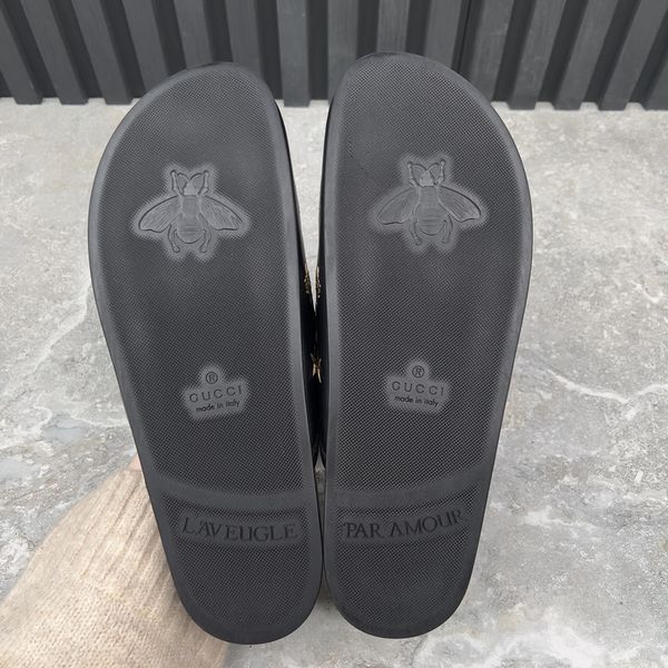 River Horsebit Bees Stars Embroidered Mules Black Leather