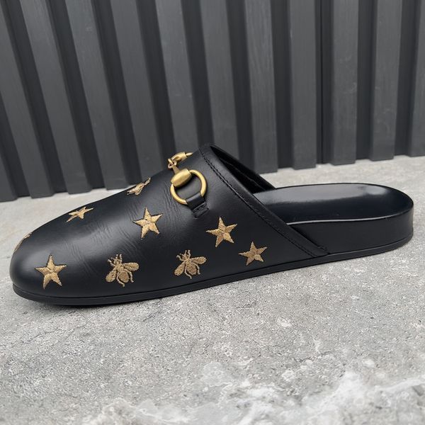 River Horsebit Bees Stars Embroidered Mules Black Leather
