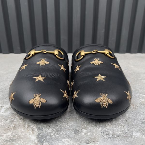 River Horsebit Bees Stars Embroidered Mules Black Leather