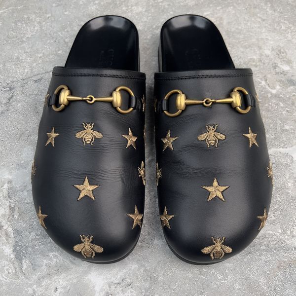 River Horsebit Bees Stars Embroidered Mules Black Leather
