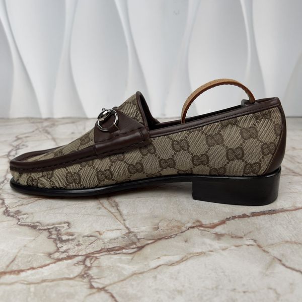 1953 Horsebit Ebony лофери бежеві з канви оздоблені коричневою шкірою 3847 фото