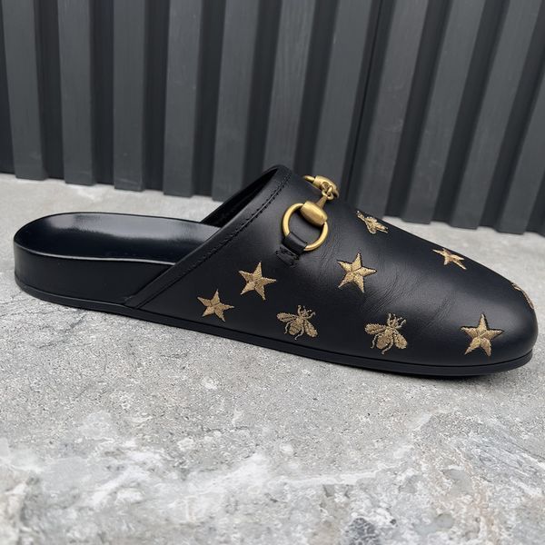 River Horsebit Bees Stars Embroidered Mules Black Leather