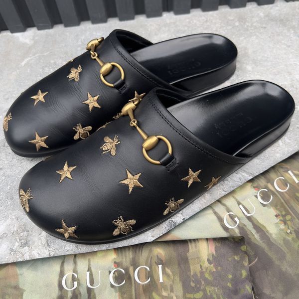 River Horsebit Bees Stars Embroidered Mules Black Leather