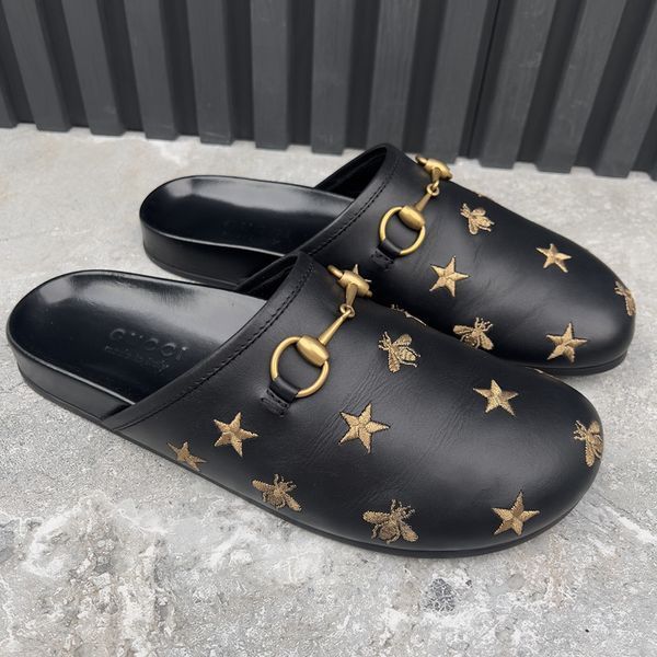 River Horsebit Bees Stars Embroidered Mules Black Leather