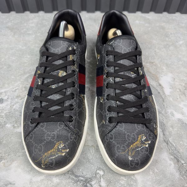 Ace Web GG Supreme Monogram Tiger Canvas Gray Leather