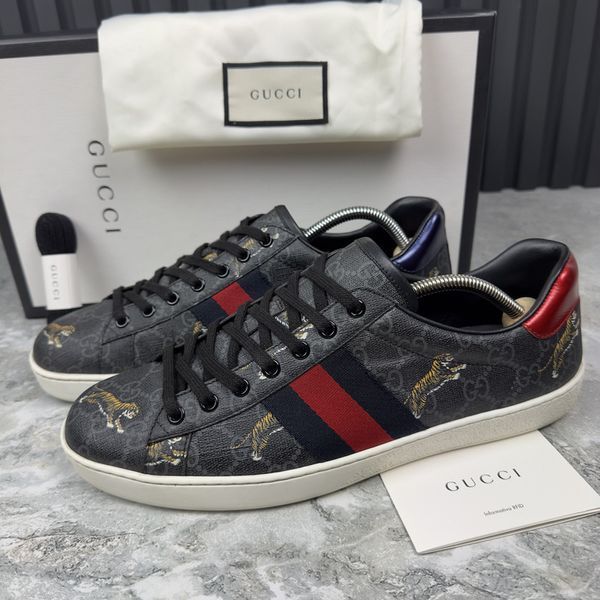 Ace Web GG Supreme Monogram Tiger Canvas Gray Leather