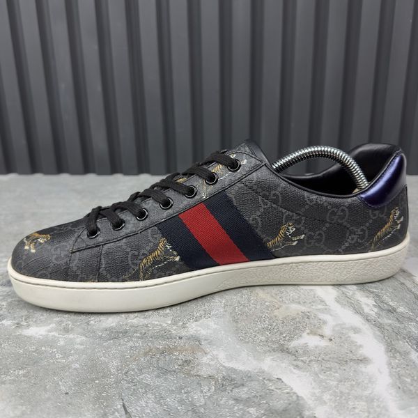 Ace Web GG Supreme Monogram Tiger Canvas Gray Leather