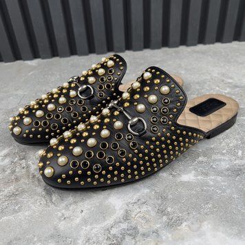 Princetown Horsebit Mules Pearl Studded Black Leather